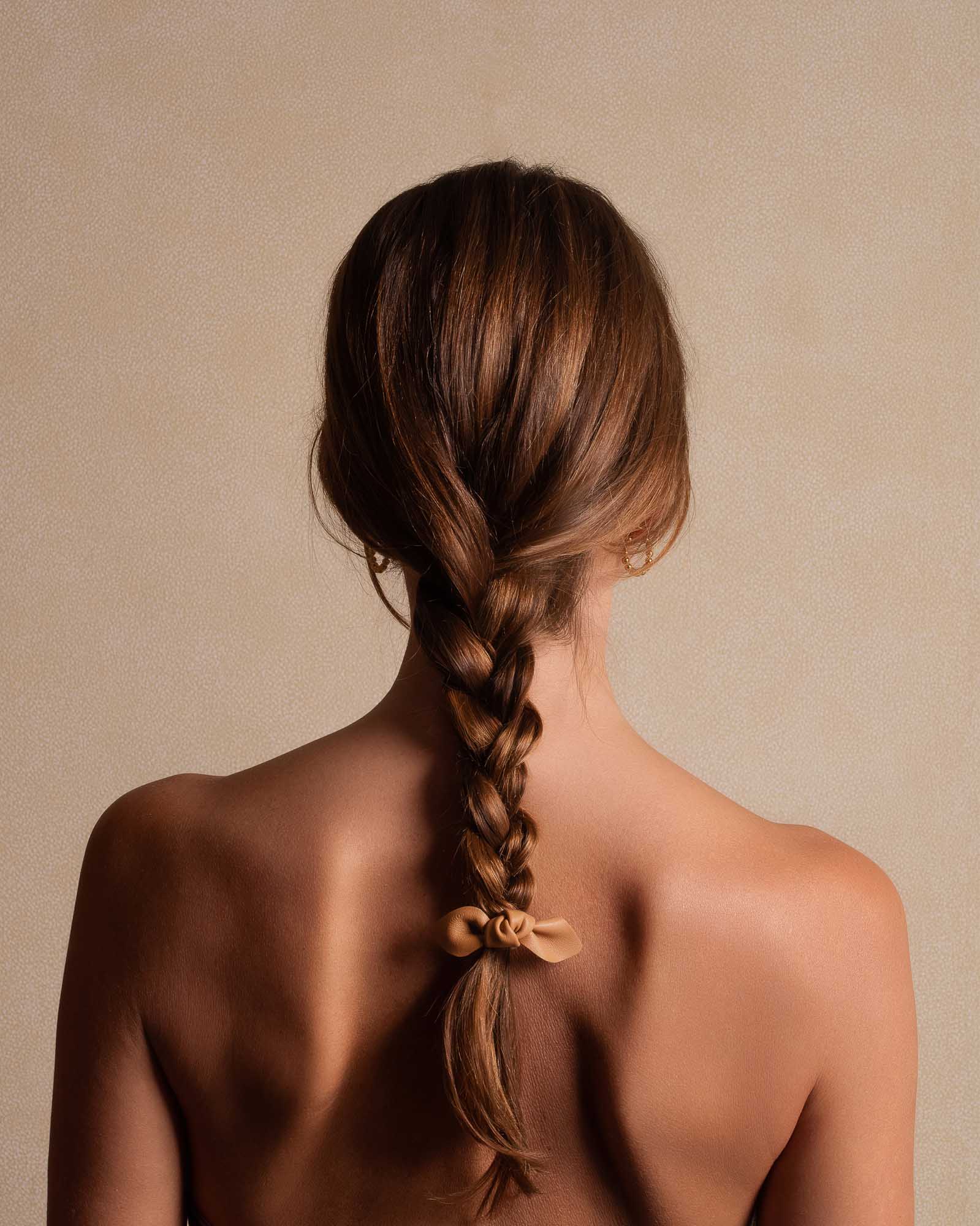 Leather Bow Small Hair Tie Camel - Image 4