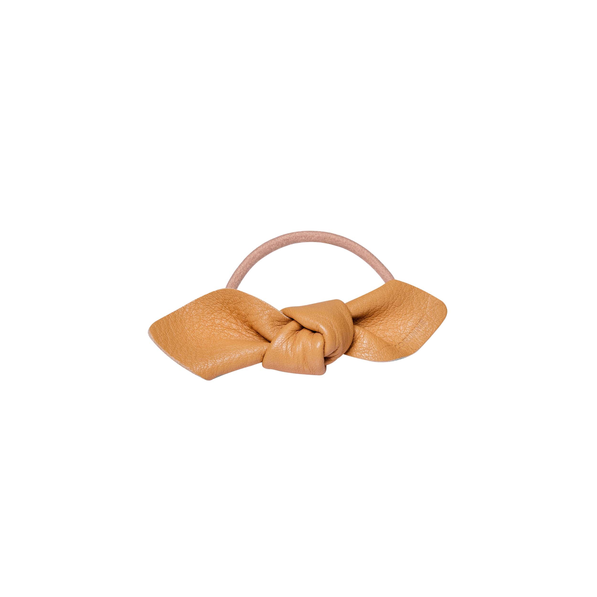 Leather Bow Small Hair Tie Camel