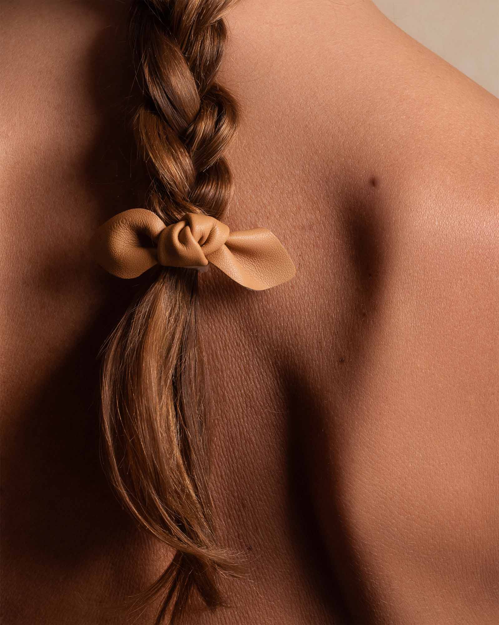 Leather Bow Small Hair Tie Camel - Image 3